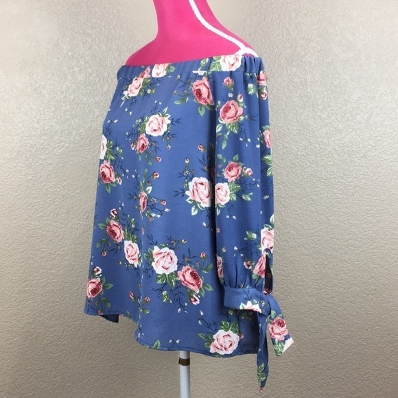 RB Couture Blue Floral Off-The-Shoulder Blouse Top - Picture 2 of 7